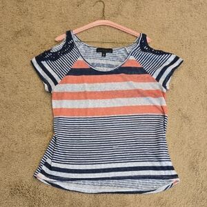 Almost Famous Womens Striped Cold Shoulder Top - Blue and Coral XL